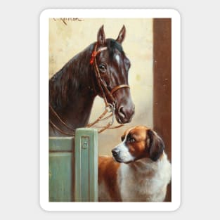 Friends, a Bay and a St Bernard in a Stable by Carl Reichert Magnet